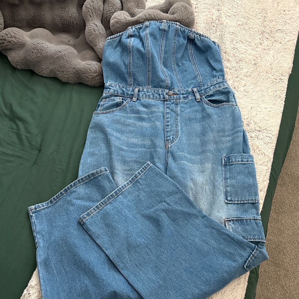wild fable Strapless Light Blue Denim Jumpsuit